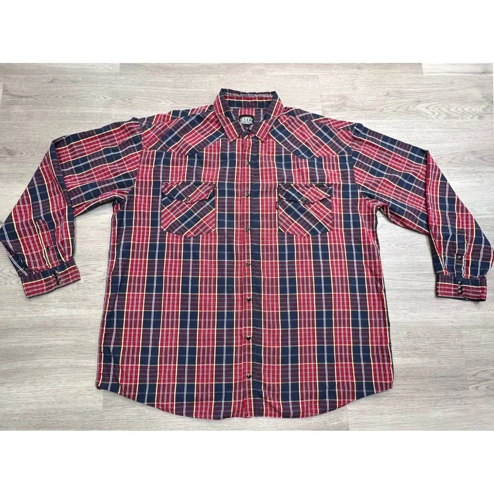 KEY‎ EST 1908 Mens Plaid Western Shirt 2XLT Long Sleeve Snap Up Red Blue